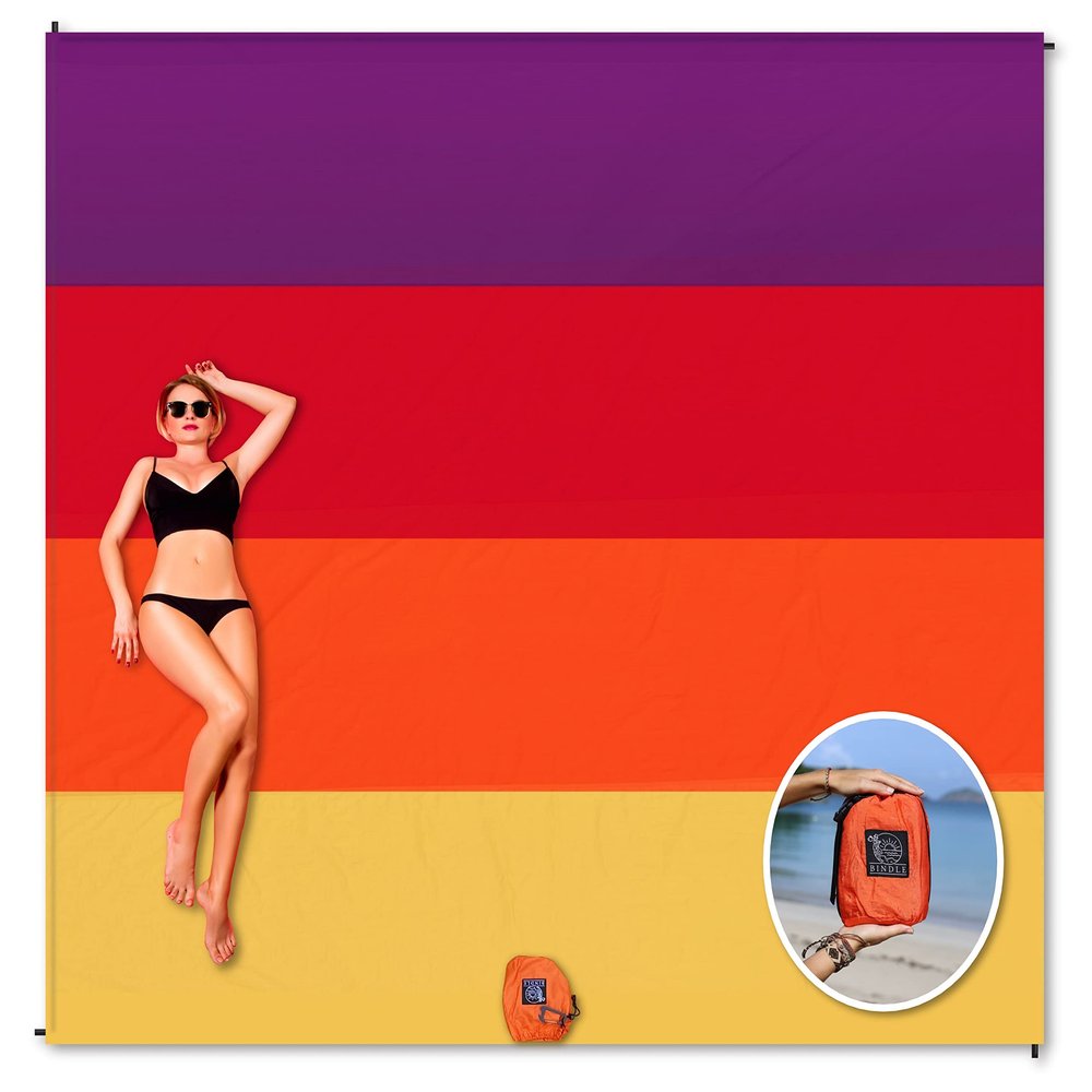 BINDLE Eco-Beach Blanket 10'x9' Extra Large, Recycled Lightweight Material, Sand Free Water Resistant Sandproof, Oversized Portable Picnic Mat for Outdoors Camping Travel, Sunset Vibes