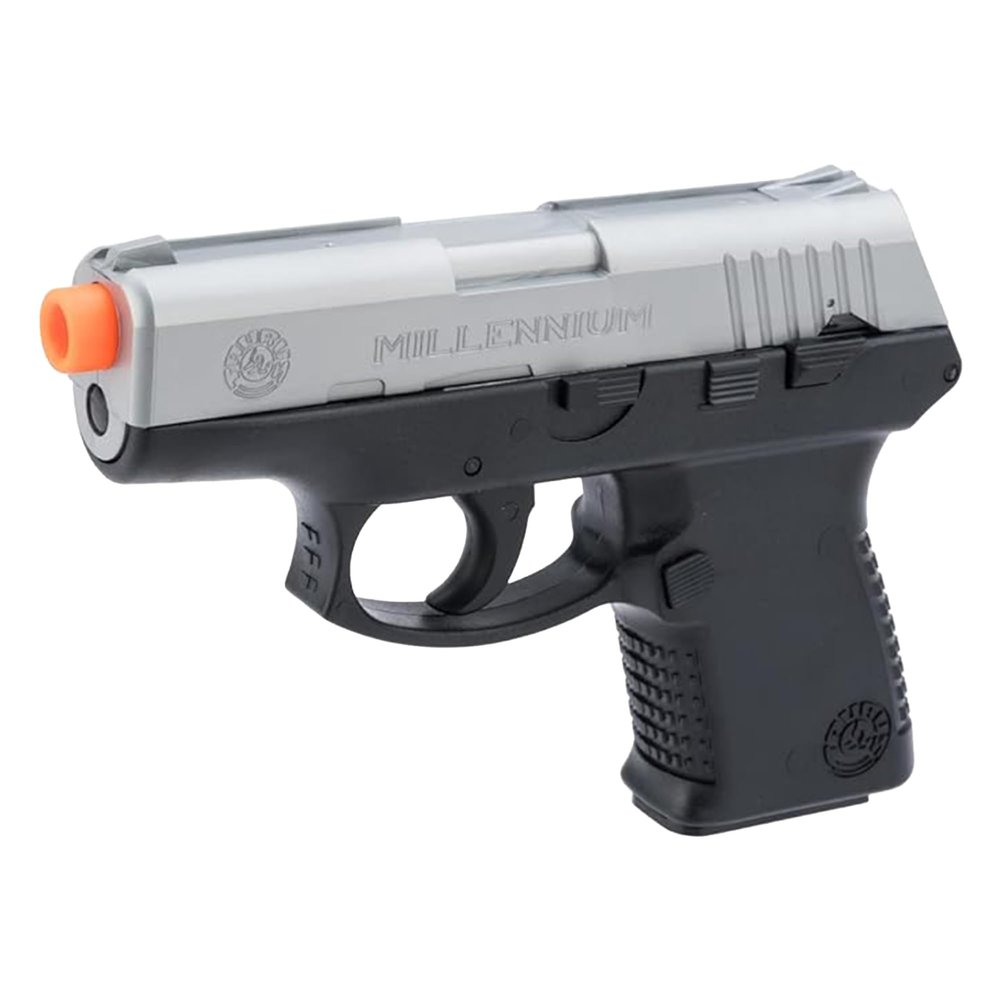 AirSoft Swiss Arms Millennium PT 111 Spring Powered Airsoft Pistol with Hop-Up and Slide Serrations, 180-200 FPS, Silver