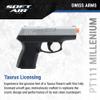 AirSoft Swiss Arms Millennium PT 111 Spring Powered Airsoft Pistol with Hop-Up and Slide Serrations, 180-200 FPS, Silver view 2