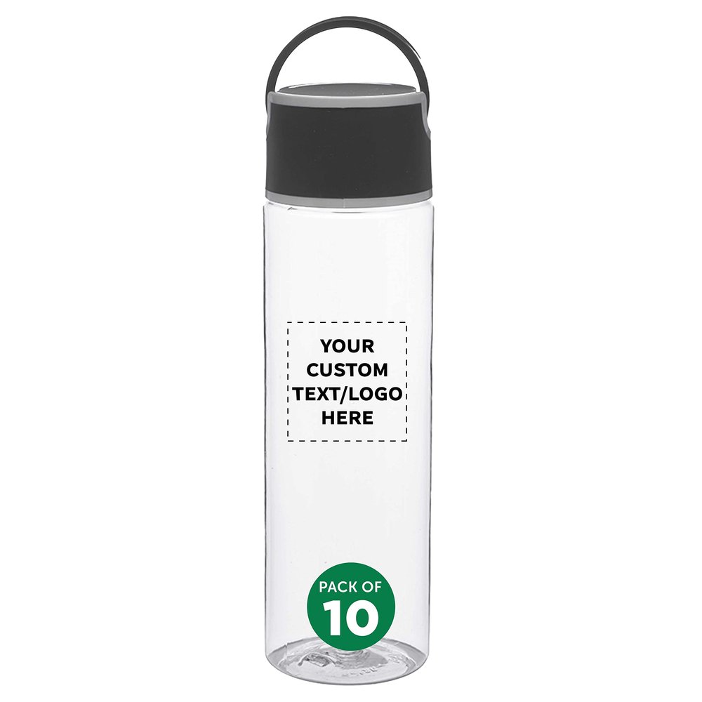 DISCOUNT PROMOS Custom Chenab Plastic Water Bottles 23 oz. Set of 10, Personalized Bulk Pack - Reusable, Great for Gym, Hiking, Cycling, and For School - Black