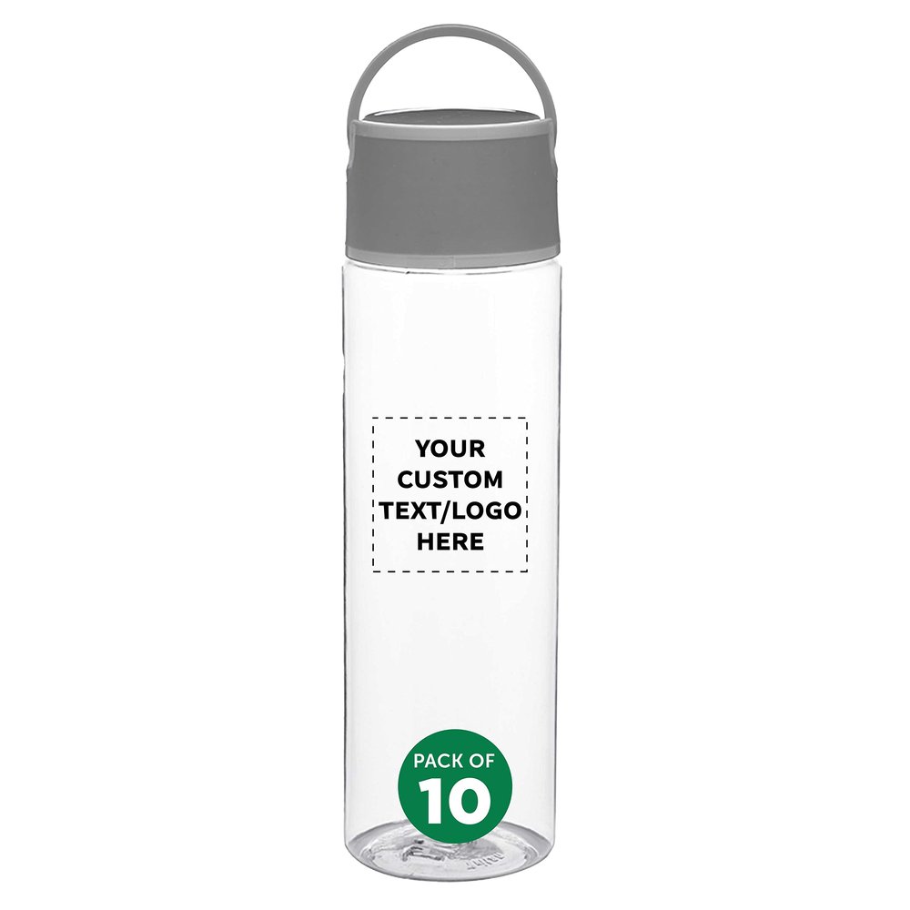 DISCOUNT PROMOS Custom Chenab Plastic Water Bottles 23 oz. Set of 10, Personalized Bulk Pack - Reusable, Great for Gym, Hiking, Cycling, and For School - Grey