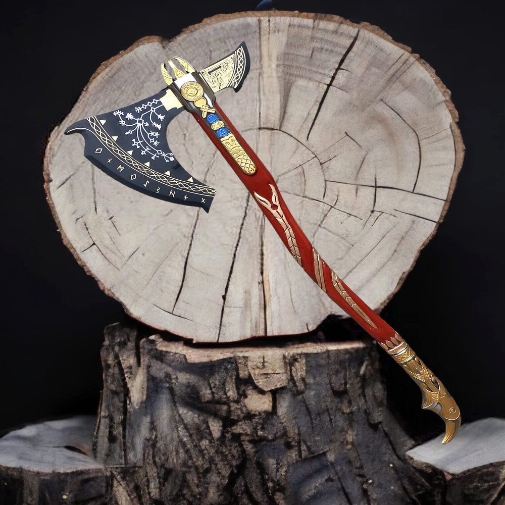 SHINY CRAFTS Handcrafted Viking Axe  Engraved Nordic Blade with Wooden Handle Norse Bearded Hatchet for Men Unique Gift for Him, Collectors, Cosplay, Camping, Medieval Wall Decor (Viking-VBA-26)