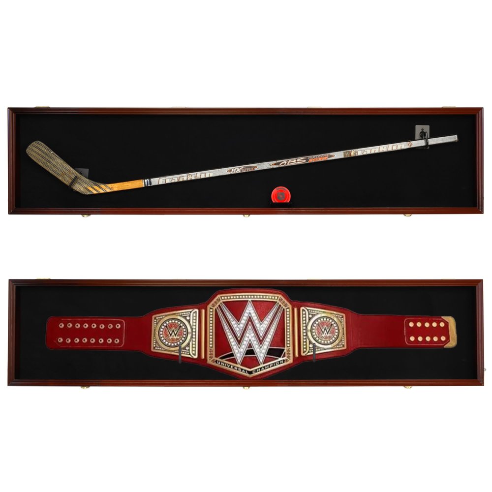 68" Hockey Stick Display Case Ice Hockey Puck, Musket Long Barrel shotgun Wall Cabinet or Wrestling Belt Display Case Rack Frame  Mahogany Finish