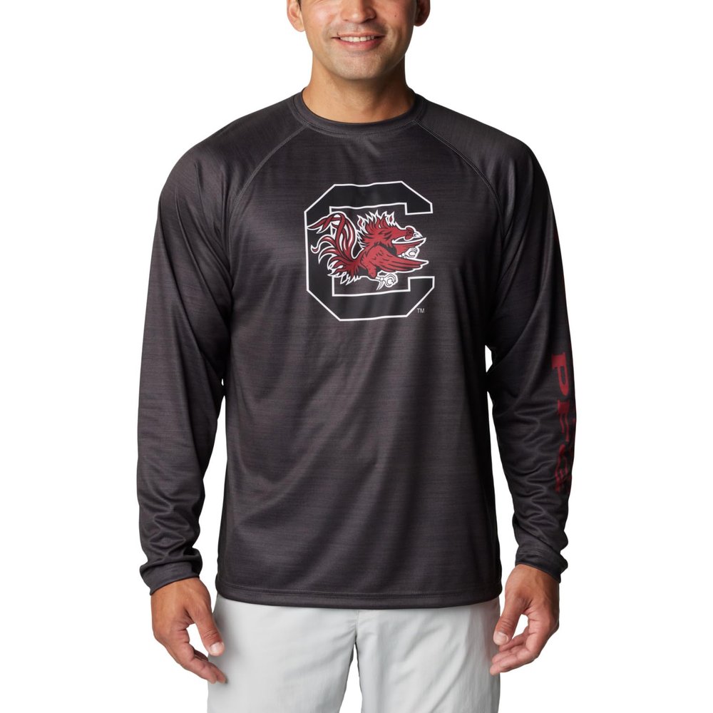 Columbia Men's Collegiate Terminal Tackle Heather Long Sleeve Shirt, SC - Shark Heather, X-Large