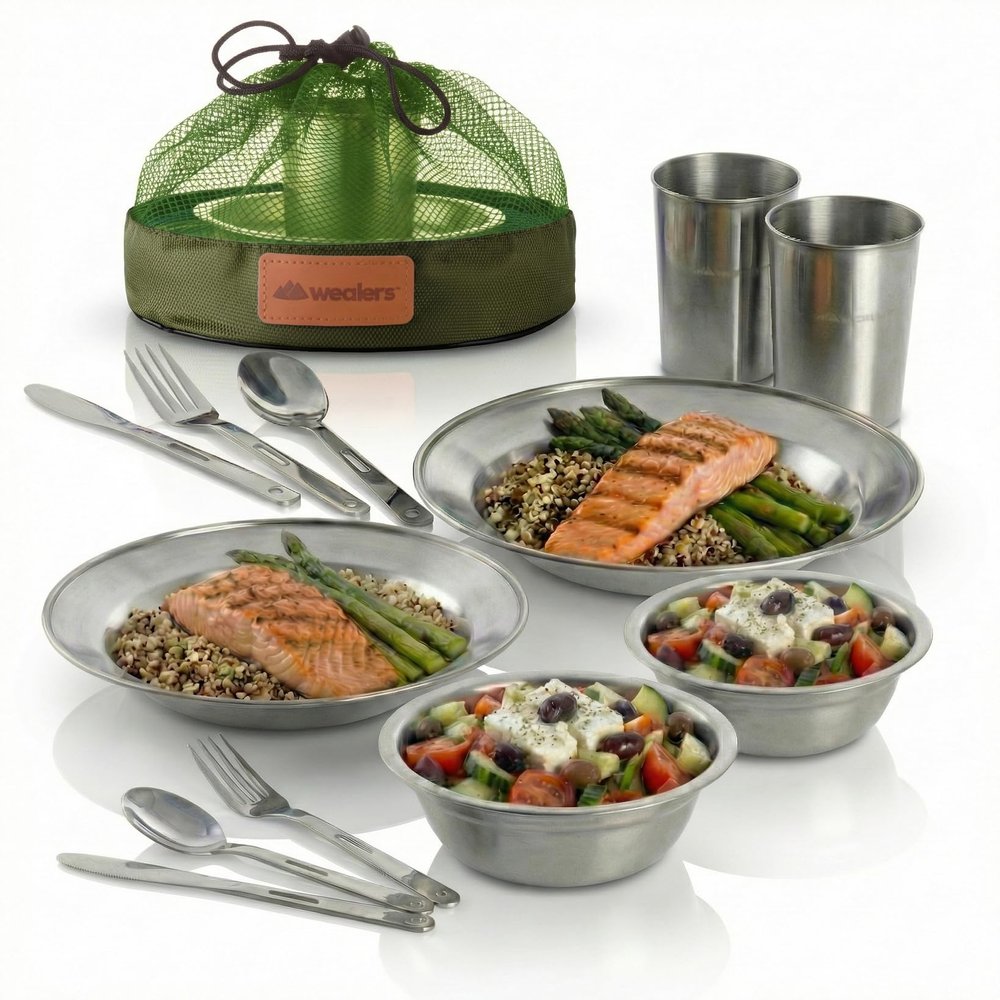 Wealers Unique Complete Messware Kit Polished Stainless Steel Dishes Set| Tableware| Dinnerware| Camping| Buffet| Includes - Cups | Plates| Bowls| Cutlery| Comes in Mesh Bags (2 Person Set Green)