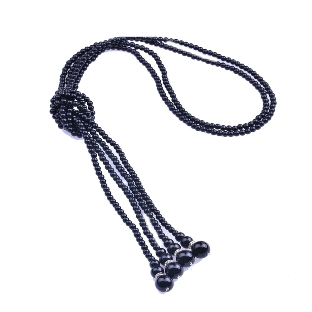 1920s Imitation Faux Long Pearl Strand Y Necklace 6mm Layered Knot Retro Costume Jewelry Flapper Party Wedding Accessories Mother's Day Gift-1pcs Black