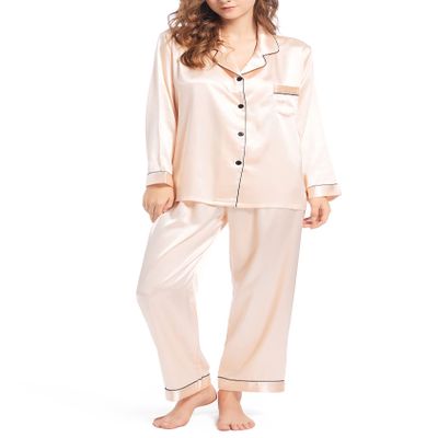 Fivali Womens Silk Satin Pajamas Long Sleeve Pj Set Two-piece Sleepwear Silky Button-down Nightwear Soft Loungewear Sets, XXL Champagne