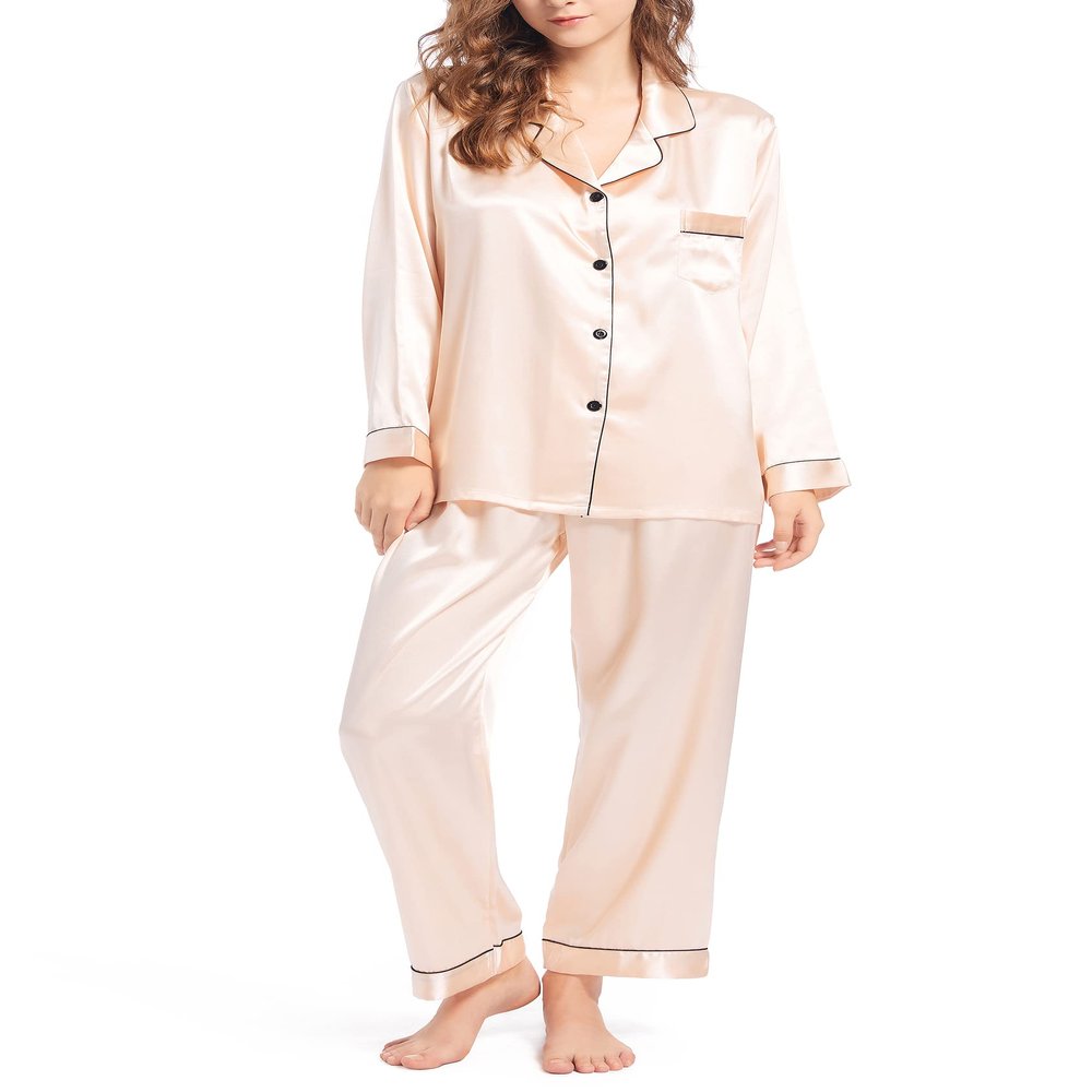 Fivali Womens Silk Satin Pajamas Long Sleeve Pj Set Two-piece Sleepwear Silky Button-down Nightwear Soft Loungewear Sets, XXL Champagne