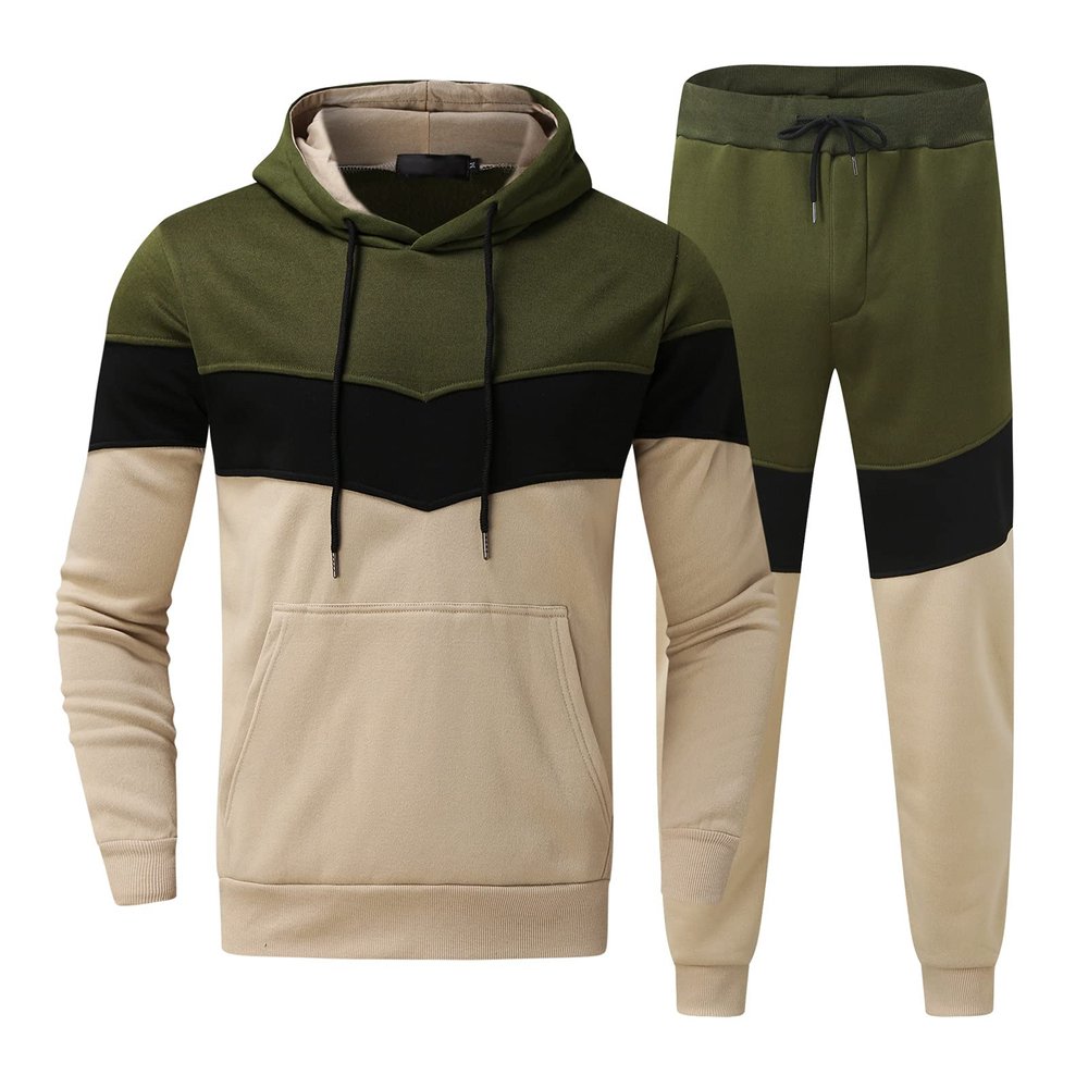 Men's Hooded Athletic Tracksuit Casual Jogging 2 Pieces Suits Color Block Hoodies and Long Sweatpants Set(Army Green,4X-Large)