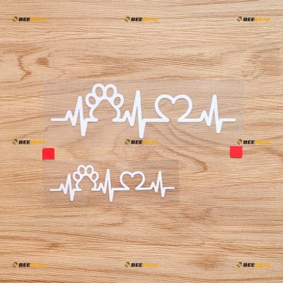 Dog Heartbeat Paw Print Love Sticker Decal Vinyl - 2 Pack White, 4 Inches, 6 Inches - No Background Die Cut for Car Boat Laptop Cup