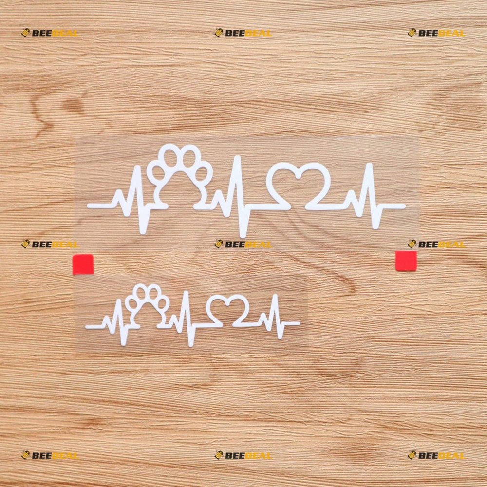 Dog Heartbeat Paw Print Love Sticker Decal Vinyl - 2 Pack White, 4 Inches, 6 Inches - No Background Die Cut for Car Boat Laptop Cup