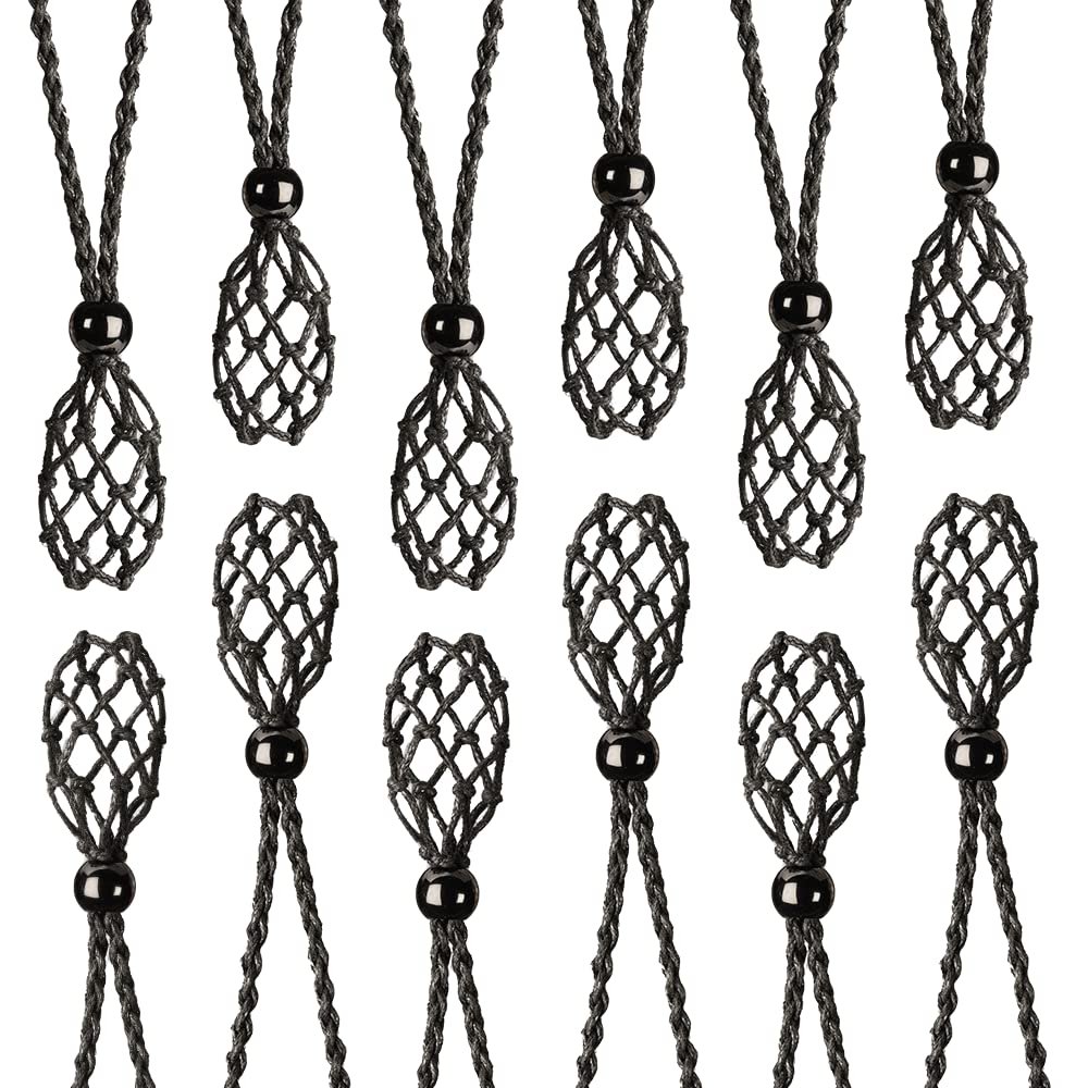 FANASY 12 PCS Crystal Cage Necklace Holder Necklace Cord Empty Stone Holder Pendant Stone Holder Replacement with Adjustable LengthBlack