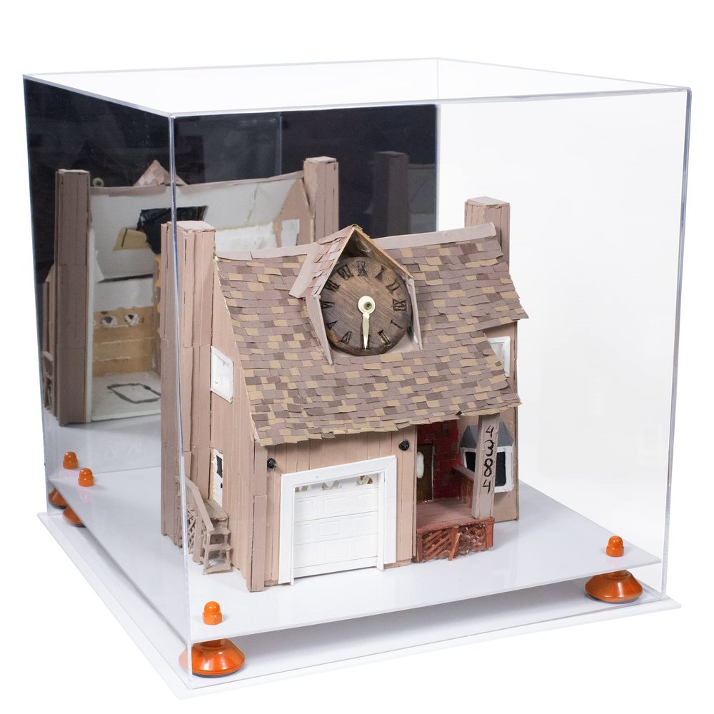 Better Display Cases Acrylic Versatile Display Case - Large Square Box with Mirror Case, Orange Risers and White Base 15.5" x 15.5" x 15.5" (A118)