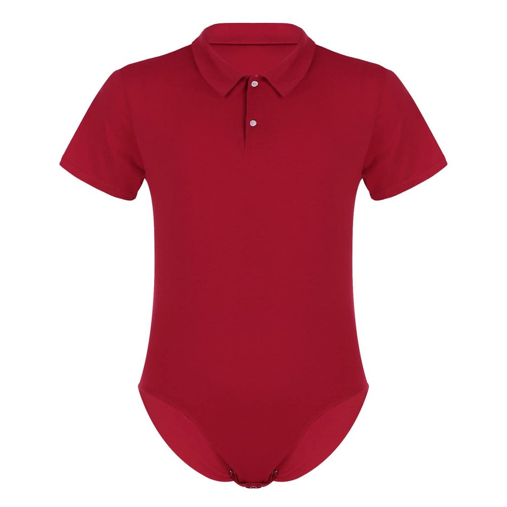 Daenrui Men's One Piece Turn-Down Collar Shirt Rompers Bodysuit Short Sleeve Button Crotch Underwear Red 4X-Large