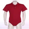 Daenrui Men's One Piece Turn-Down Collar Shirt Rompers Bodysuit Short Sleeve Button Crotch Underwear Red 4X-Large view 3