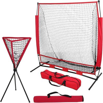 BBBuy 5' X 5 ' Portable Baseball Net Softball Outdoor Sports Training Net w/Carry Bag,Metal Frame Ground Stakes, for Batting Hitting and Pitching Practice for All Skill Levels + Foldable Ball Caddy
