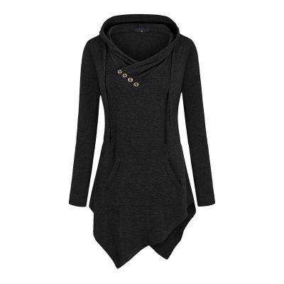 JEsilunmaMY Womens Hoodies Long Sleeve V Neck Irregular Hem Pullover Tops Solid Color Loose Patch Pocket Hooded Sweatshirt (Black1,Large)