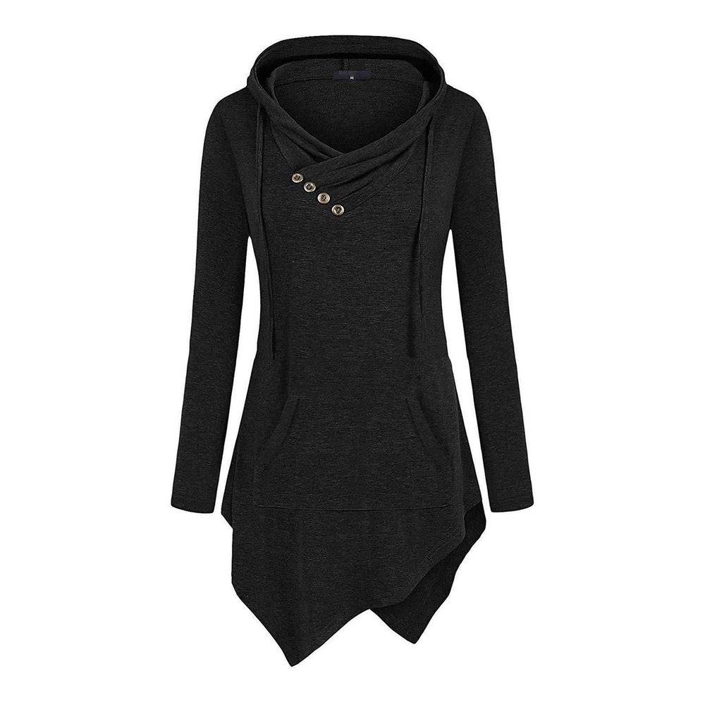 JEsilunmaMY Womens Hoodies Long Sleeve V Neck Irregular Hem Pullover Tops Solid Color Loose Patch Pocket Hooded Sweatshirt (Black1,Large)