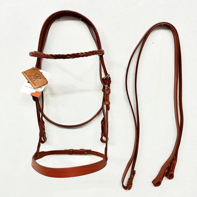 AMAZING HORSE STUFF Premium Hunter Bridle with Weaved Leather Browband | Tan | Full, Cob, Pony | (Cob)