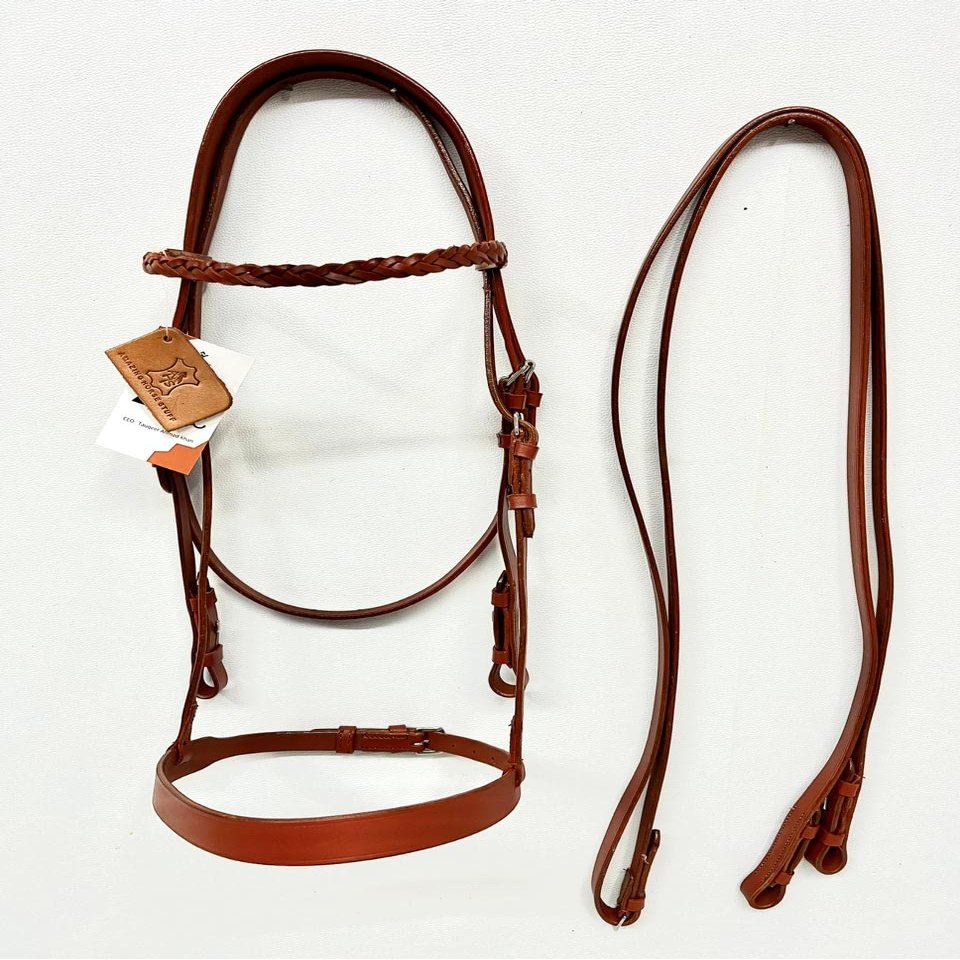 AMAZING HORSE STUFF Premium Hunter Bridle with Weaved Leather Browband | Tan | Full, Cob, Pony | (Cob)