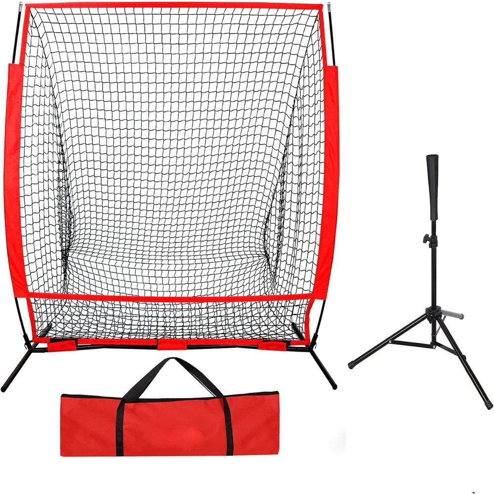 BBBuy 5' X 5 ' Portable Baseball Net Softball Outdoor Sports Training Net w/Carry Bag,Metal Frame Ground Stakes, for Batting Hitting and Pitching Practice for All Skill Levels + Baseball Batting Tee