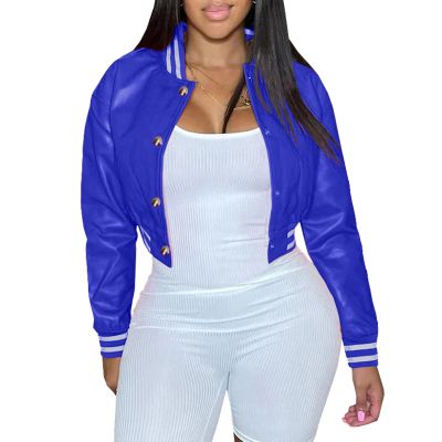 Xaspee Varsity Bomber Jacket Women Causal Baseball Crop Top Letterman Faux Leather Snap Button Sports Outwear Jackets (Blue, XXL)