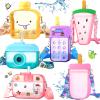 Queekay 6 Pcs Water Bottles with Straws for Kids Watermelon Adjustable Strap Leakproof Plastic Watermelon Ice Cream Camera Bread Biscuits Shaped Water Bottle for School Travel view 1