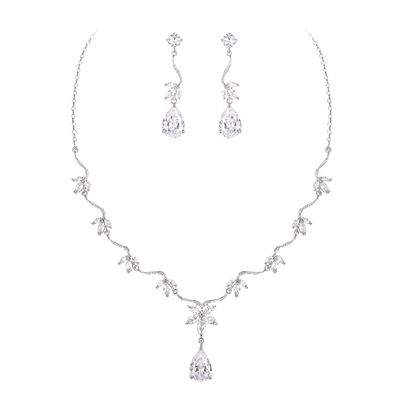 BriLove Wedding Jewelry Set for Women Cubic Zirconia Teardrop Marquise Flower Leaf Filigree Necklace Earrings Clear Silver-Tone