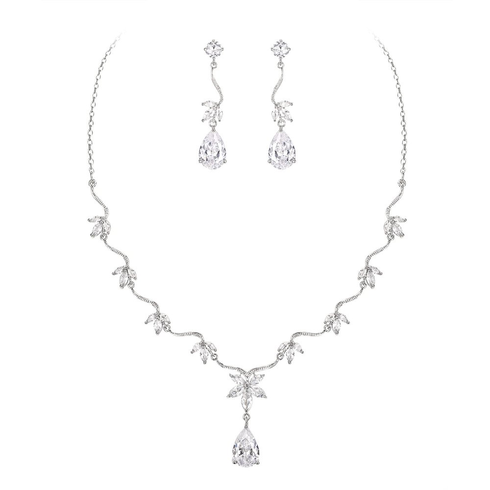 BriLove Wedding Jewelry Set for Women Cubic Zirconia Teardrop Marquise Flower Leaf Filigree Necklace Earrings Clear Silver-Tone