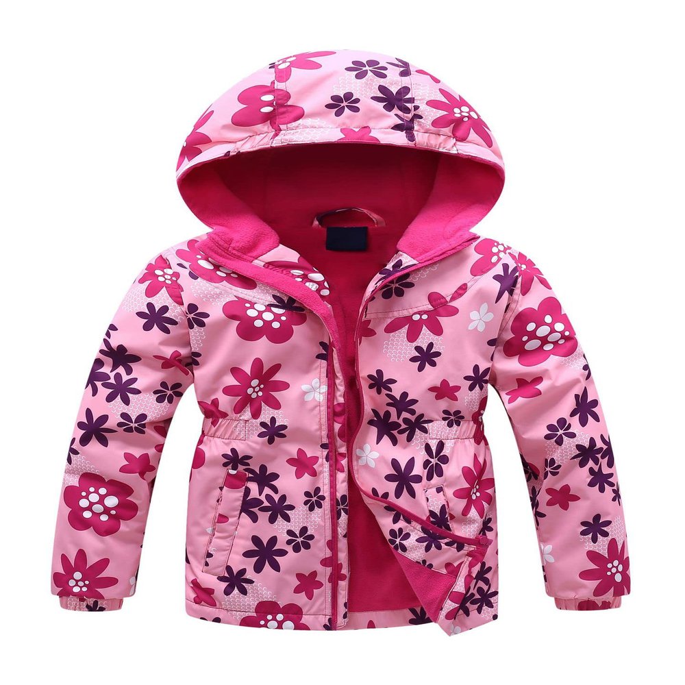 JiaYou Girls Jacket with Hood Lightweight Full-Zip Coat Soft Warm Fleece Outdoor Windbreaker(Flower,7-8 Years)