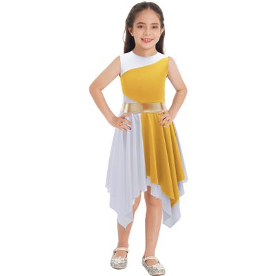 FEESHOW Girls Kids Shiny Sleeveless Asymmetrical Lyrical Dance Dress Ballerina Ballet Dancewear Performance Costumes Yellow 16 Years