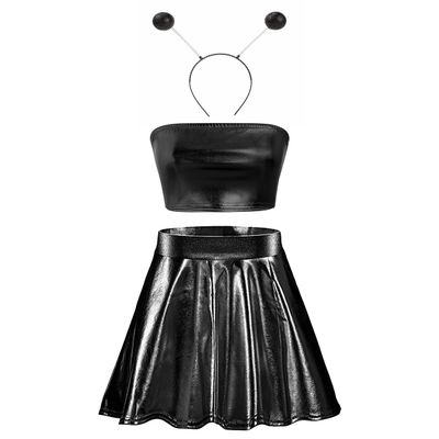 ODASDO Women's Alien Costume Halloween Shiny Metallic Holographic Tube Crop Top Wet Look Stretchy Flared Mini Skater Skirt Martian Antenna Headband Party Rave Dance Outfit Clubwear Black Tube L