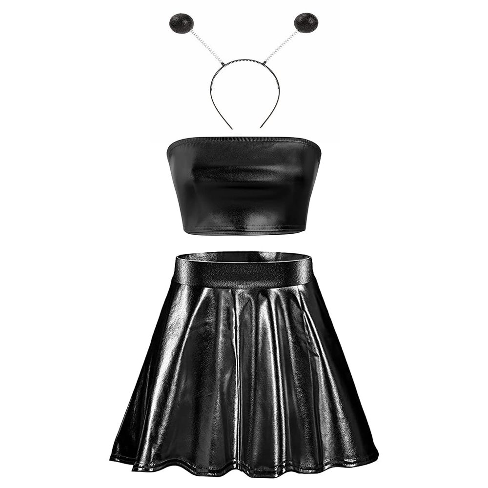 ODASDO Women's Alien Costume Halloween Shiny Metallic Holographic Tube Crop Top Wet Look Stretchy Flared Mini Skater Skirt Martian Antenna Headband Party Rave Dance Outfit Clubwear Black Tube L