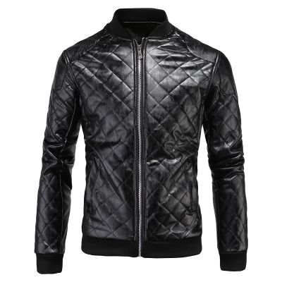Maiyifu-GJ Men's Faux Leather Diamond Quilted Jacket Patchwork PU Leather Bomber Jacket Vintage Casual Zip Up Biker Coat (Black,Small)