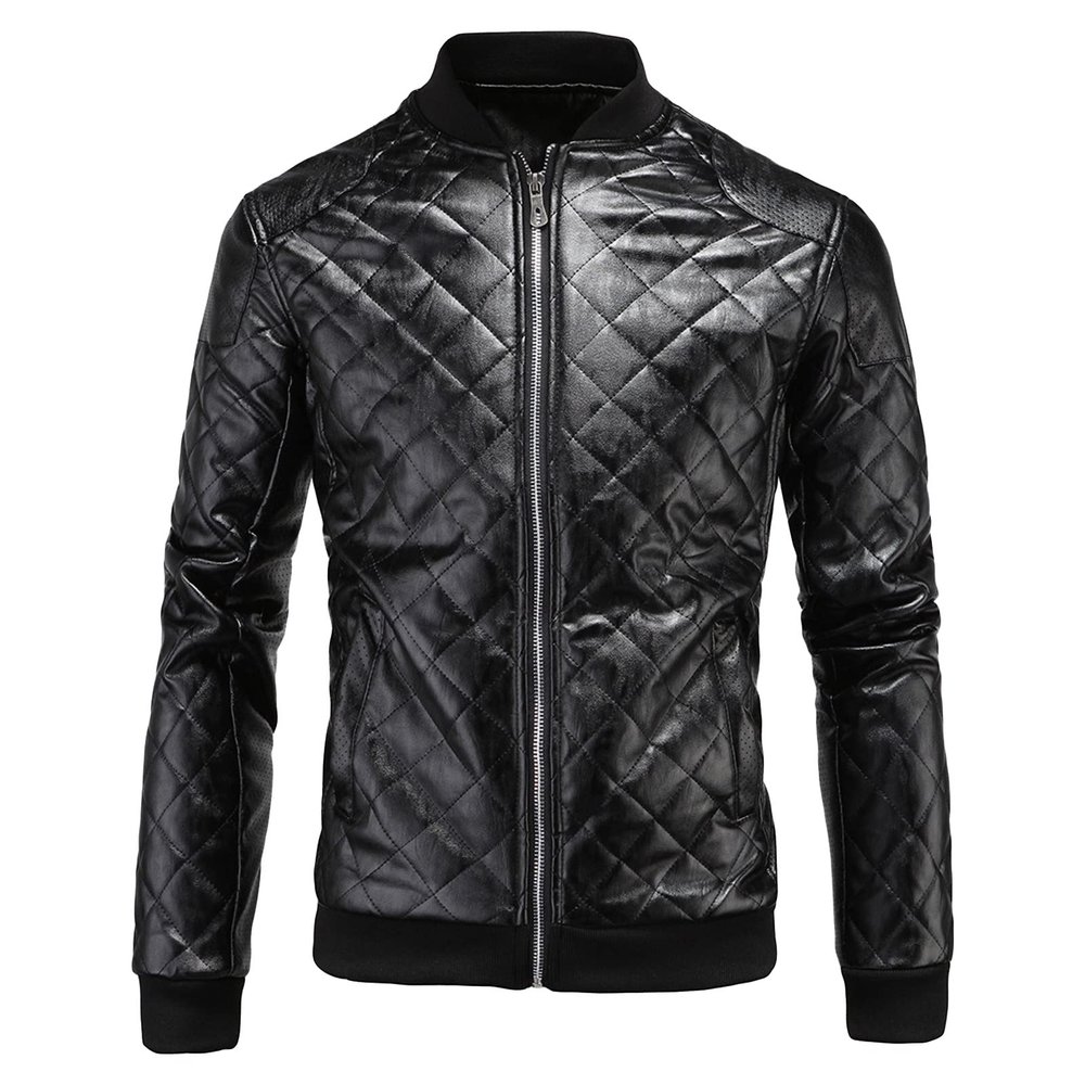 Maiyifu-GJ Men's Faux Leather Diamond Quilted Jacket Patchwork PU Leather Bomber Jacket Vintage Casual Zip Up Biker Coat (Black,Small)