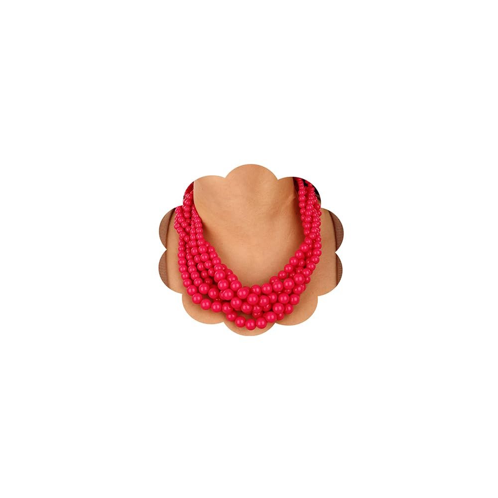 Wiwpar Simulated Pearl Cluster Chunky Pearl Bead Necklace Multi Strand Twisted Pink Pearl Statement Bib Collar Necklace Pearl Necklace and Earring Set for Prom (pink)