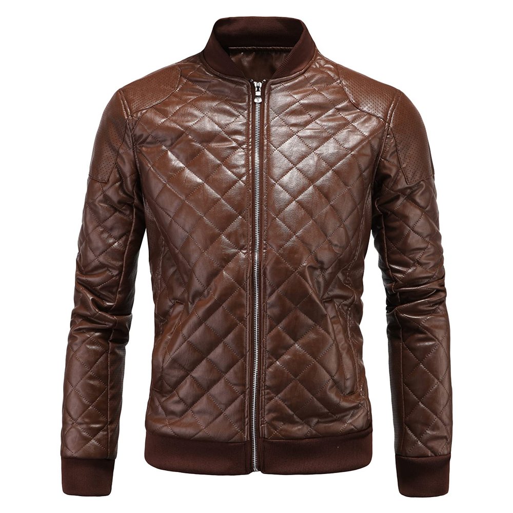 Maiyifu-GJ Men's Faux Leather Diamond Quilted Jacket Patchwork PU Leather Bomber Jacket Vintage Casual Zip Up Biker Coat (Brown,3X-Large)