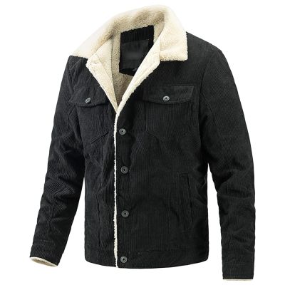Maiyifu-GJ Men's Corduroy Sherpa Trucker Jacket Vintage Fleece Lined Button Front Jacket Military Fur Collar Warm Cargo Coat (Black,XX-Large)