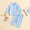 Kid Toddler Girl Boy Clothes Solid Button Autumn Long-Sleeves Top + Pants Trousers 2-Piece Winter Fall (Blue, 4-5 Years) view 3