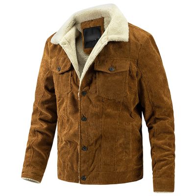 Maiyifu-GJ Men's Corduroy Sherpa Trucker Jacket Vintage Fleece Lined Button Front Jacket Military Fur Collar Warm Cargo Coat (Brown 2,X-Large)