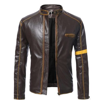Maiyifu-GJ Men's Vintage Distressed Biker Leather Jacket Retro Slim Fit Motorcycle Biker Jacket Casual Zip Up Bomber Coat (Khaki,XX-Large)