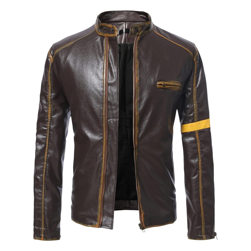 Maiyifu-GJ Men's Vintage Distressed Biker Leather Jacket Retro Slim Fit Motorcycle Biker Jacket Casual Zip Up Bomber Coat (Khaki,XX-Large)