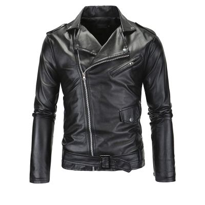 Maiyifu-GJ Leather Motorcycle Jackets for Men Faux PU Leather Lapel Moto Jacket Vintage Asymmetric Zip Up Belt Biker Coat (Black,XX-Large)