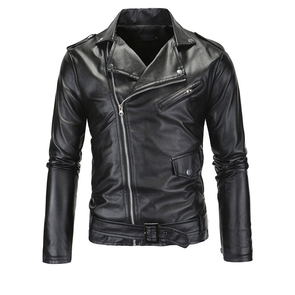Maiyifu-GJ Leather Motorcycle Jackets for Men Faux PU Leather Lapel Moto Jacket Vintage Asymmetric Zip Up Belt Biker Coat (Black,XX-Large)