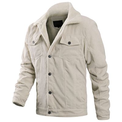 Maiyifu-GJ Men's Corduroy Sherpa Trucker Jacket Vintage Fleece Lined Button Front Jacket Military Fur Collar Warm Cargo Coat (White,XX-Large)