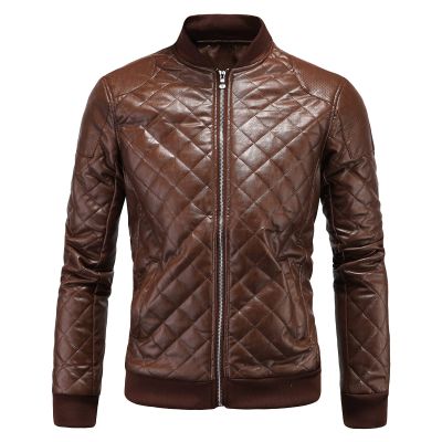 Maiyifu-GJ Men's Faux Leather Diamond Quilted Jacket Patchwork PU Leather Bomber Jacket Vintage Casual Zip Up Biker Coat (Brown,Large)