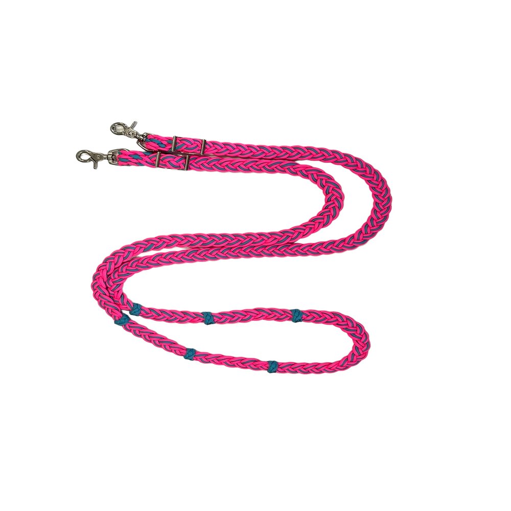 wide barrel reins with adjustable grip knots neon turquoise and hot pink 1" wide