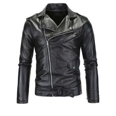 Maiyifu-GJ Leather Motorcycle Jackets for Men Faux PU Leather Lapel Moto Jacket Vintage Asymmetric Zip Up Belt Biker Coat (Black,Medium)