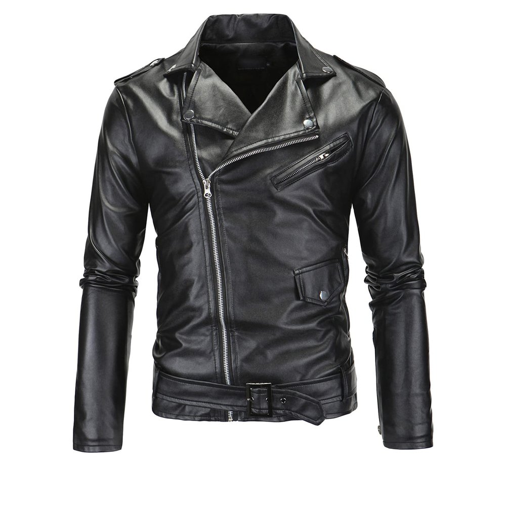 Maiyifu-GJ Leather Motorcycle Jackets for Men Faux PU Leather Lapel Moto Jacket Vintage Asymmetric Zip Up Belt Biker Coat (Black,Medium)