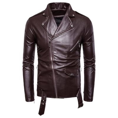 Maiyifu-GJ Leather Motorcycle Jackets for Men Faux PU Leather Lapel Moto Jacket Vintage Asymmetric Zip Up Belt Biker Coat (Brown,XX-Large)